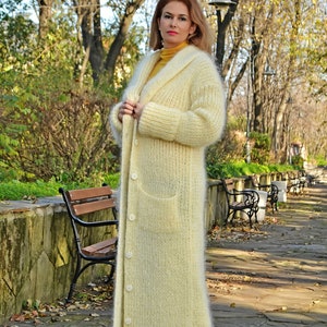Hand knit Long Mohair Cardigan, Mohair Coat, Relaxed cardigan, Oversized Collared Coat, Slouchy Knit Cardigan, White Cardigan with pockets