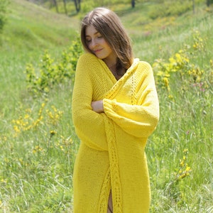 Knitted cardigan yellow, Summer cotton cardigan, Bright long cardi, Chunky knit open sweater
