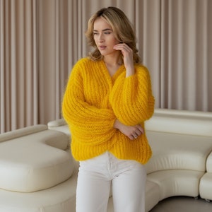 open front mohair chunky knit cardigan women, lightweight yellow bright crochet cardigan, oversized Balloon Sleeve lace cardigan, knitwear