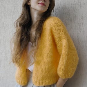 Cropped cardigan, Yellow Cardigan, 3/4 Sleeves, Fluffy Mohair Bomber, Open Front Cardigan, Loose Knit, Sweaters for women, bracelet length