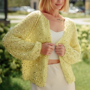 Yellow Cardigan, Fluffy Mohair Bomber, Open Front Cardigan, Loose Knit Sweater, Sweaters for women, Sequin Mohair Cardigan, Knit Cardigan
