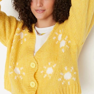 Yellow Soft Textured Patterned Sweater Cardigan, Women's Cardigan, Knit Jacket, Winter Top, Sun Embroidered
