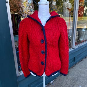 Fabulous Vintage 60's Hand-Knit Chunky Textured Red & Blue Cardigan Sweater