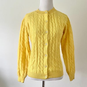 Vintage Lemon Yellow Cable Knit Wool Cardigan - 70s / 80s Casual Corner - Small