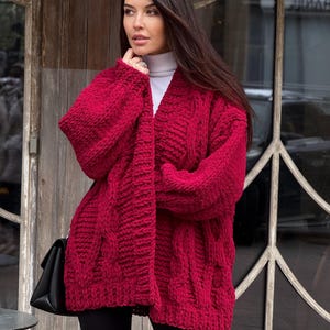 red crochet cardigan, burgundy chunky knit cardigan, cherry cable knit sweater for women, gift for her, hand knit cardigan