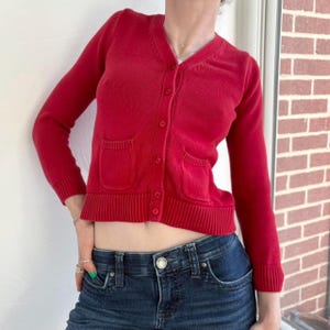 Y2K Red Knit Button Up Cropped Cardigan by Lands End Size Medium 10-12 YOUTH, fits a women’s XS/s