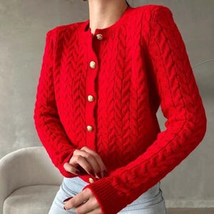 Red Cable Knit Cardigan: Gold Button Detail, Acrylic-Wool Blend