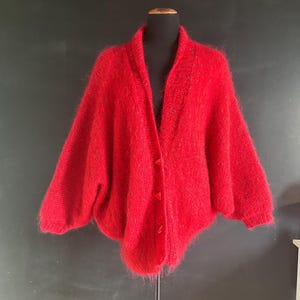 Vtg 80's Red Fuzzy Cardigan, Handknitted Button Down Sweater, Shoulder Pads, Size L-XL