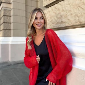 Red Mohair Blend Oversized Cardigan Lightweight Chunky Knit Wrap DDP Shipping USA – Final Price