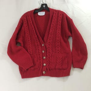 Vintage 80s Knit Street Red Cable Knit Cotton Cardigan V-Neck Petite Medium USA