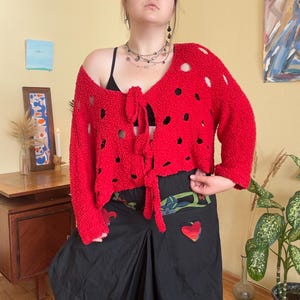 Vintage Red Tie Front Funky Knit Cardigan –  Avant Garde Distressed Oversized Quirky Bold Cardigan, Chunky Knit Y2K Sweater, Funky Knitwear