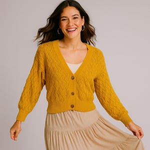 Debut XL Mustard Yellow Cable Knit Button Cardigan Cozy Fall Layering Sweater