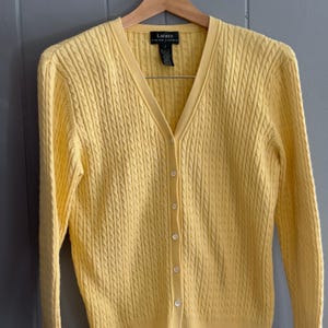 Vintage Ralph Lauren cardigan sweater yellow cotton cable knit 90s Y2K Prep M/L
