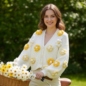 Handmade Yellow Daisy Cardigan: Chunky Knit Jacket